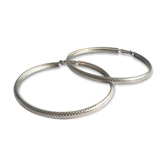 Hoop Earrings Etched Silver Tone about 3in wide - Picture 1 of 3